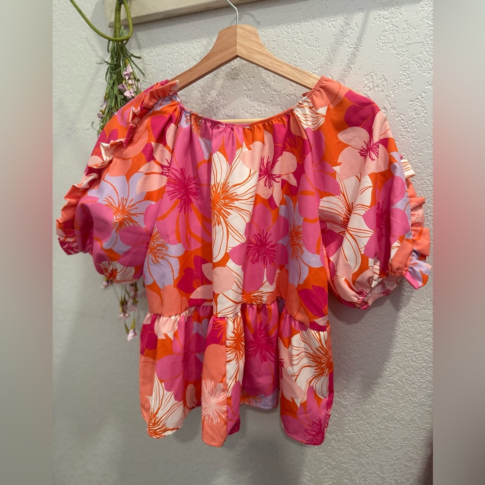 Floral Puff Sleeve Top - Pink and Orange